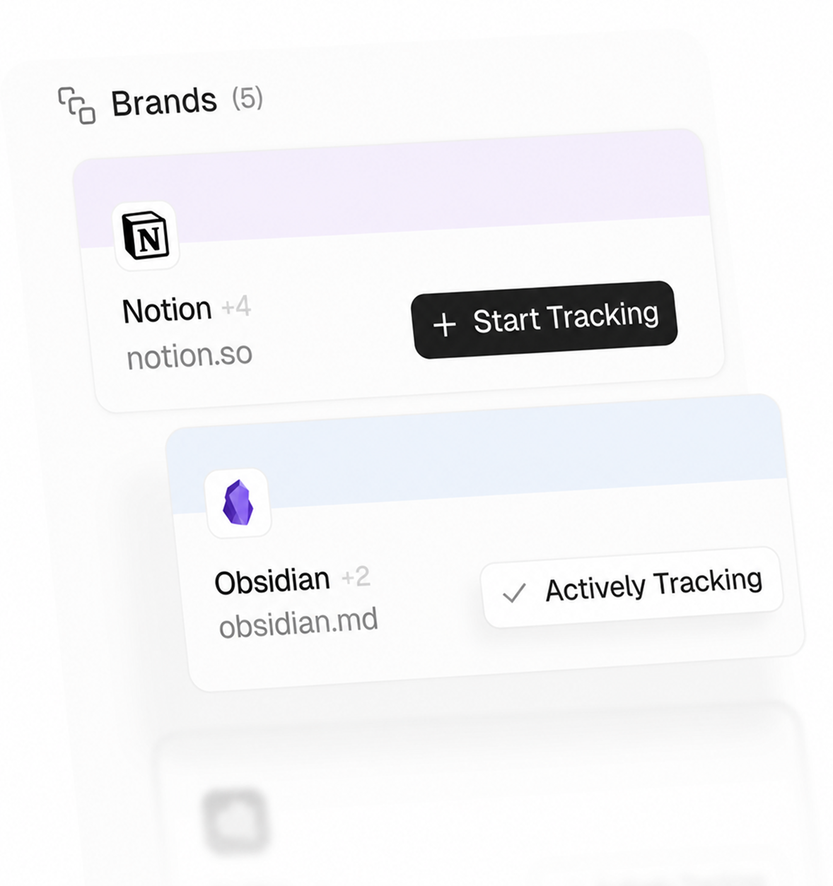 Stacked brand cards showing Notion and Obsidian with Start Tracking and Actively Tracking buttons