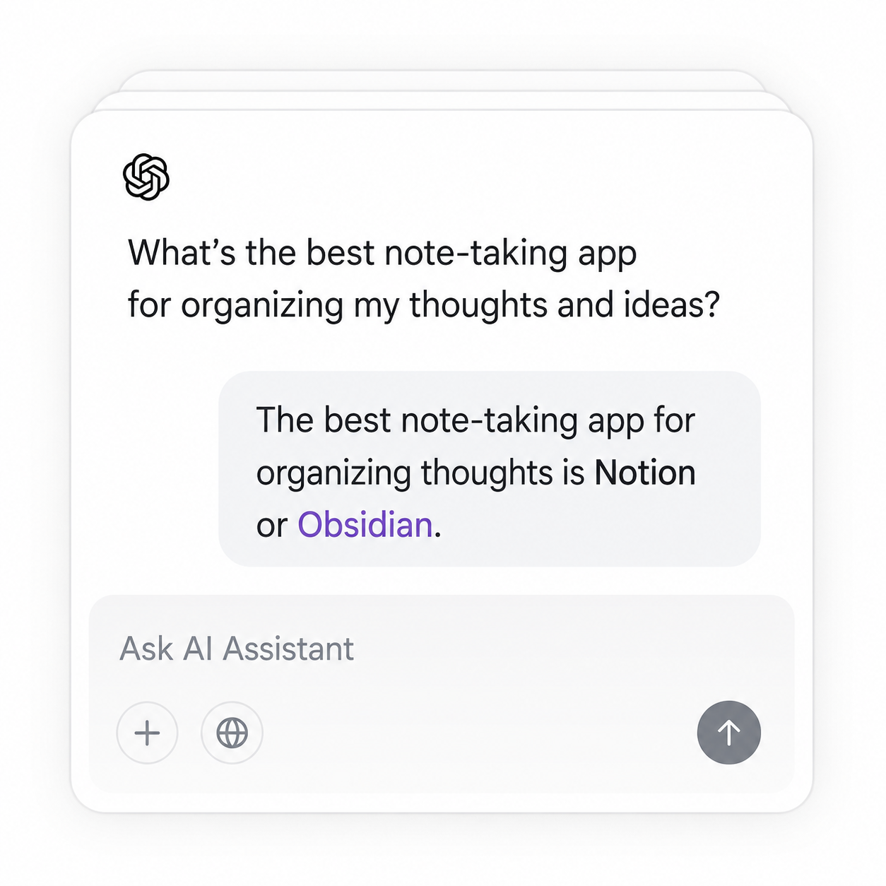 AI chat showing a question about note-taking apps with Notion and Obsidian recommended as answers